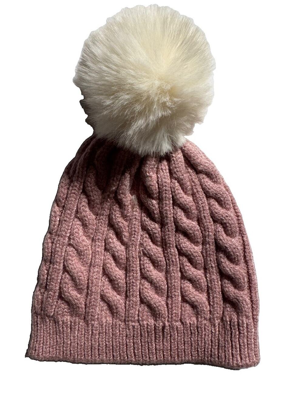 Laura Ashley Baby Beanie 0-6 Months Pink Cable Knit Faux Fur Pom Pom Winter